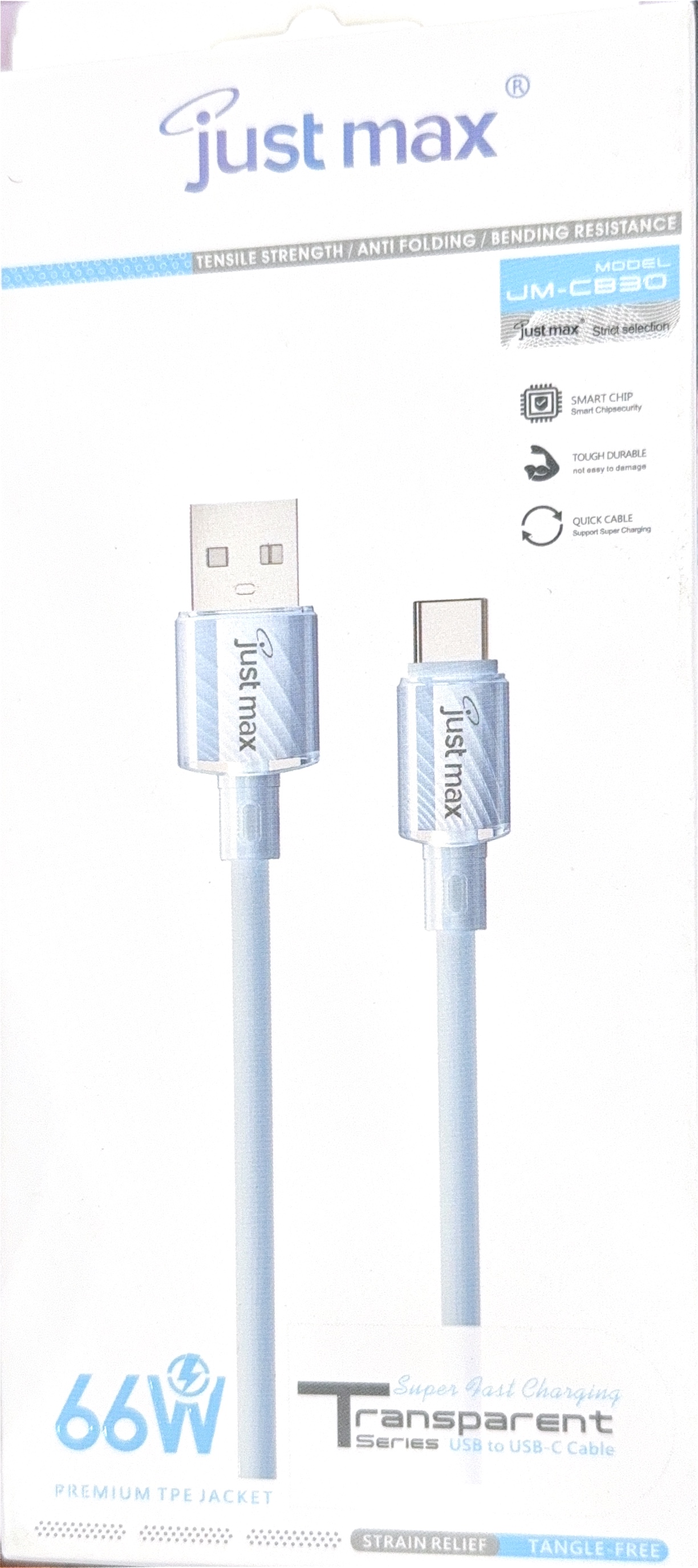 Just Max JM-CB30 66W Transparent Series USB to Type-C Fast Charging & Data Cable 