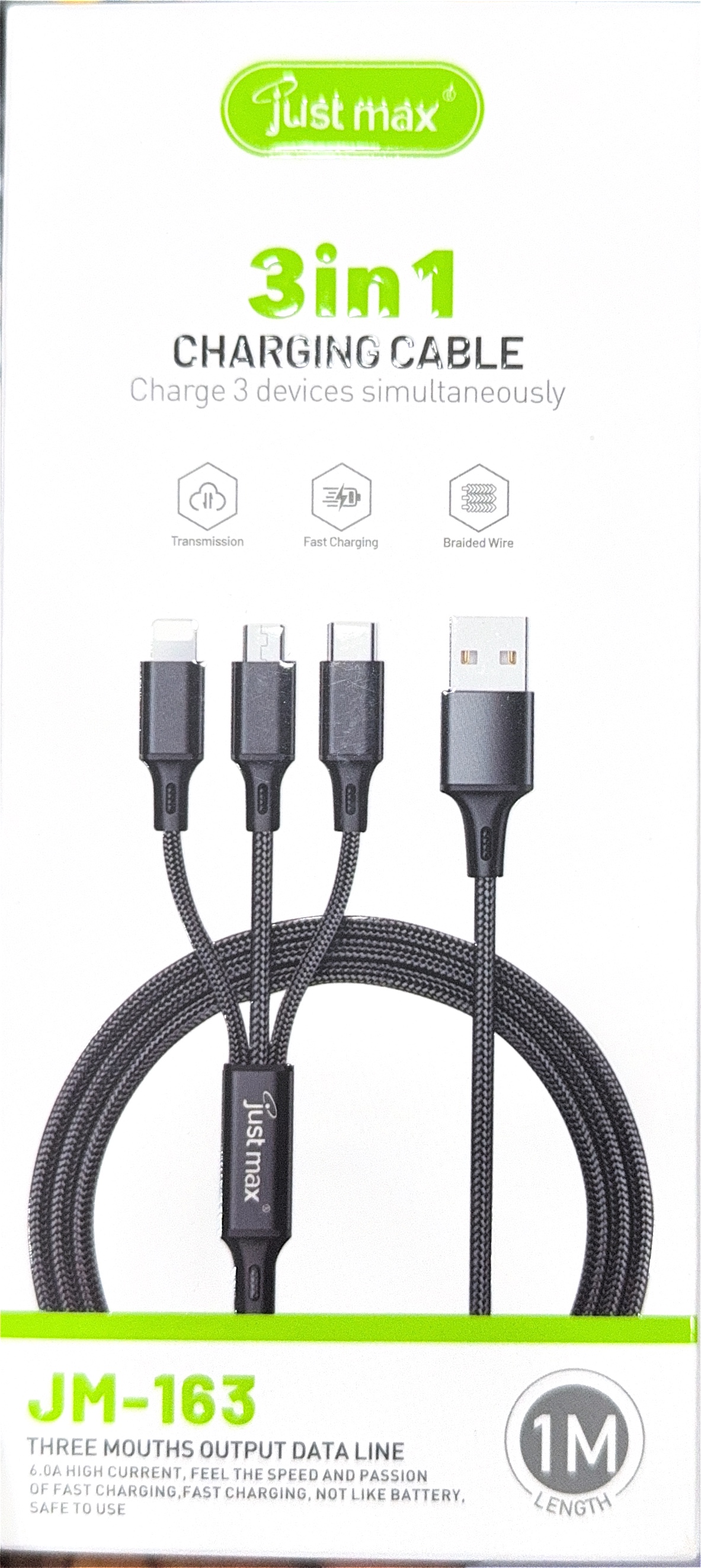 Just Max JM-163 6.0A 3-in-1 Braided Fast Charging Cable (Type-C, Lightning, Micro-USB) – 1M