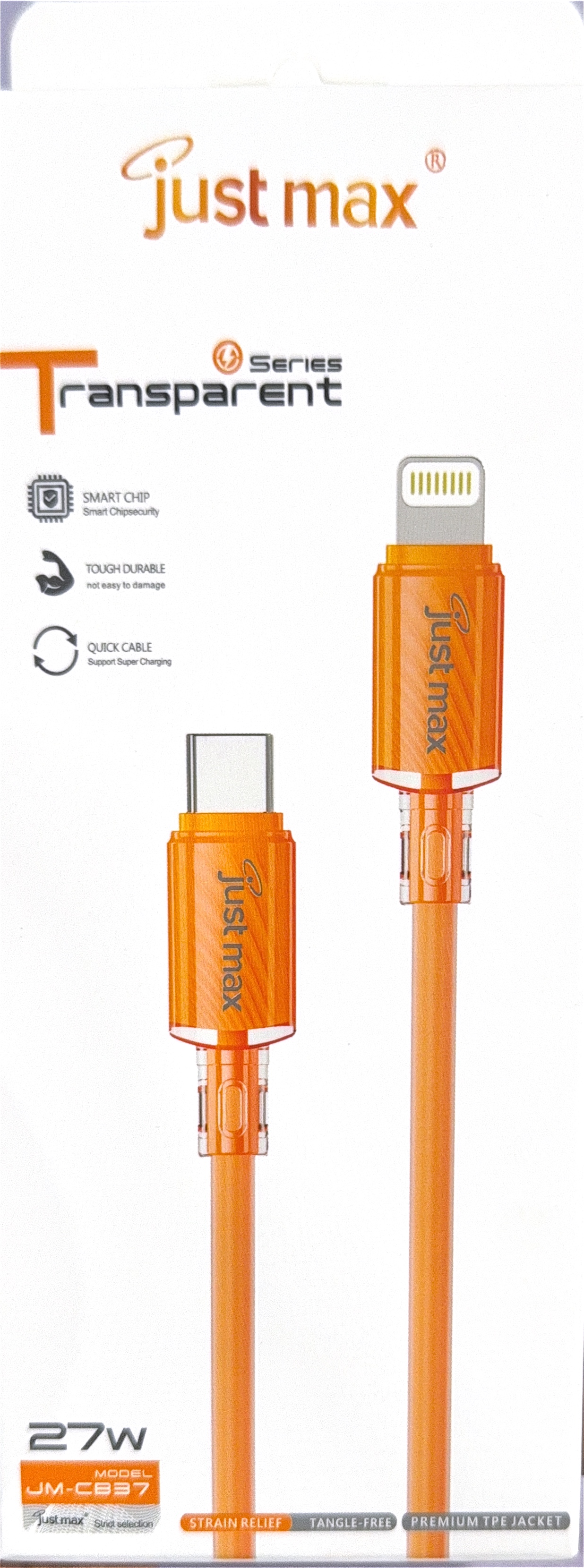 Just Max JM-CB37 27W Transparent Series Type-C to Lightning Fast Charging & Data Cable